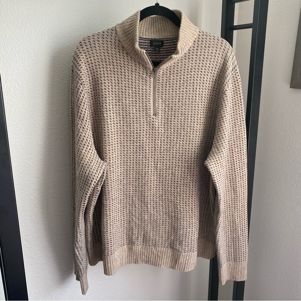 J. Crew Merino Wool Quarter Zip Pull Over Sweater Preppy Tan Blue Dots‎ Size XXL